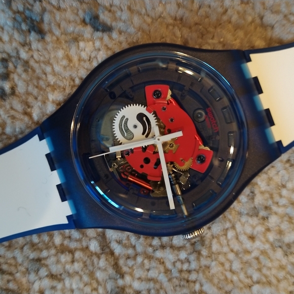 🆕 Swatch Clownfish SUON112 Blue/White Transparent Reversible Band Swatch